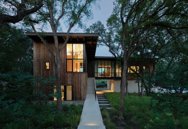 A modern multi-level residence nestled among mature trees, photographed from the landscaped approach at dusk. The building features vertical timber cladding, dark metal roof and window framing, extensive floor-to-ceiling glazing, and a raised central connection reached by a straight concrete path and steps. Warm interior lighting contrasts with the cool wooded setting.