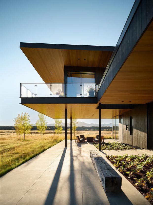 A contemporary two-storey house viewed from a covered outdoor terrace, featuring dramatic cantilevered roof planes, dark vertical cladding, warm timber soffits, floor-to-ceiling glazing, and clear glass balcony balustrades. The concrete terrace extends through a landscaped garden toward open rural fields and distant hills. Strong afternoon sunlight creates long architectural shadows.