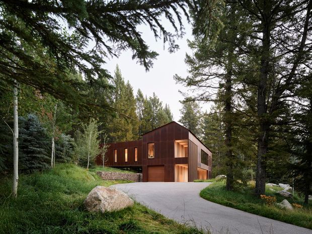 A modern two-storey timber-clad house nestled in a dense forested setting. The dark reddish-brown vertical cladding, simple pitched roof, and warm illuminated windows contrast with the surrounding conifer and birch trees. A curved concrete driveway leads to an integrated garage, with large natural boulders and landscaped vegetation framing the approach.
