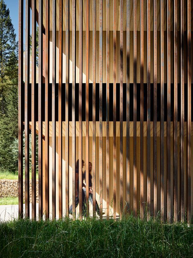 Close-up exterior view of a contemporary timber-clad building screened by closely spaced vertical timber slats. The slatted facade creates strong repetitive shadows and reveals glimpses of glazing and an interior circulation space behind it. Landscaping, trees, and a low stone wall surround the building.