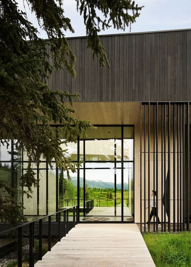 Exterior view of a contemporary timber-clad building approached by a pale timber boardwalk. A deep covered entry connects to extensive black-framed floor-to-ceiling glazing, with vertical dark slats screening the right side. Mature evergreen branches partially frame the facade, and a green rural landscape with distant mountains is visible through the glazing.