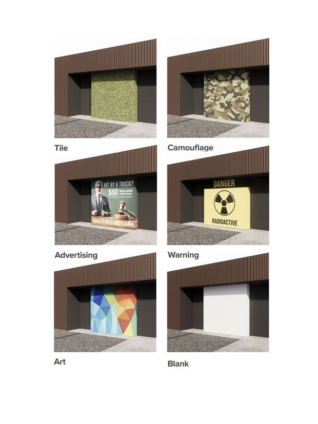 A six-panel architectural product comparison showing a large recessed wall or garage door opening within a dark contemporary facade. The panels demonstrate interchangeable surface treatments labelled Tile, Camouflage, Advertising, Warning, Art, and Blank. The surrounding facade has dark brown vertical ribbed cladding, charcoal wall panels, a gravel forecourt, and a concrete path. The central door/screen is shown with varied printed and graphic finishes, including green tile texture, camouflage, advertising, a radioactive warning symbol, abstract geometric art, and a plain white finish.