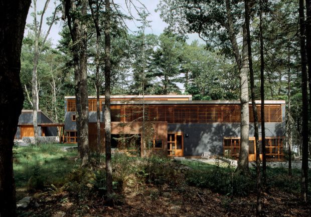 A low, horizontally composed modern house nestled within a dense wooded landscape. The façade combines dark grey masonry or concrete-like wall surfaces, extensive warm timber-framed glazing, and prominent horizontal timber screening. A flat roof and strong linear geometry are visible through the trees, with a partially enclosed entrance or wing extending to the left. The architecture is carefully integrated into the forest setting.