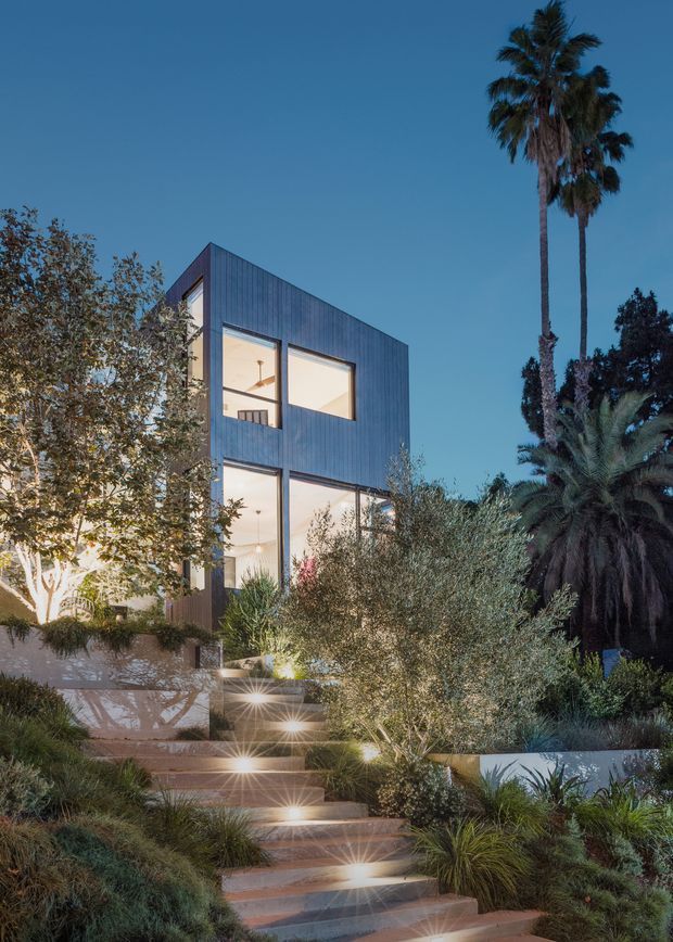 Twilight exterior view of a narrow, multi-storey modern home set into a landscaped garden. The building has a minimalist rectilinear form, dark vertically textured cladding, large illuminated windows, and a stepped pathway with integrated lighting leading toward the entrance. Mature palm trees, olive-like trees, and layered drought-tolerant planting surround the house.