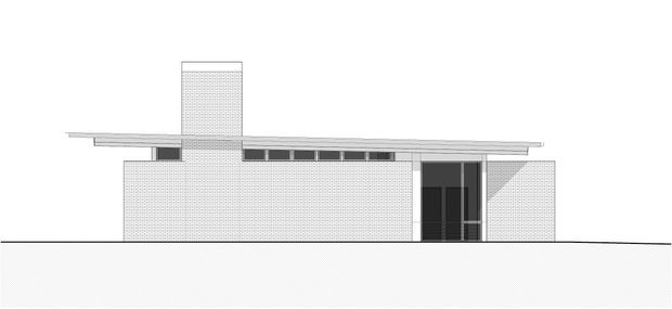 A minimalist architectural elevation drawing of a low, single-storey building. The composition shows a long thin projecting roof, pale masonry or brick-patterned walls, a taller rectangular chimney or vertical element, narrow clerestory-like openings beneath the roof, and a dark glazed entrance at the right. The image is a clean monochrome technical presentation on a white background.