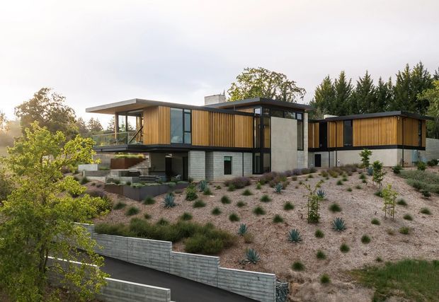 A contemporary multi-level residence set on a sloping landscaped site. The house features flat roof planes, extensive dark-framed glazing, warm vertical timber cladding, pale concrete or masonry walls, and projecting cantilevered volumes. Native-style drought-tolerant planting and stepped retaining walls surround the building.