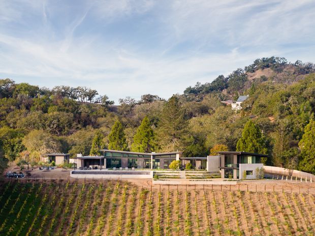 Wide exterior view of a low, elongated contemporary residence set at the edge of cultivated vineyard rows, with extensive glazing, flat rooflines, and dark cladding. The house sits against a dry, wooded hillside with another small structure visible higher on the slope.