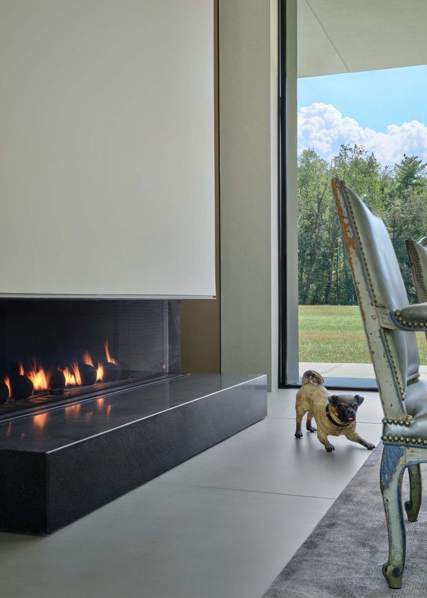 A contemporary living room interior featuring a minimalist linear fireplace set into a dark stone surround and hearth, a large white projection screen or blank wall panel above it, expansive floor-to-ceiling glazing, and an ornate upholstered armchair. The room opens onto a green landscape and is finished in a restrained palette of white, grey, and black with a small dog in the foreground.