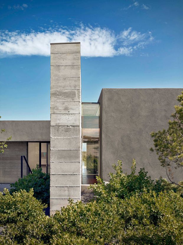 Exterior architectural photograph of a contemporary low-rise residence composed of smooth dark grey rendered wall volumes, a tall vertically segmented exposed concrete feature wall, and a narrow glazed connecting section. Dense shrubs partially screen the lower facade, with a clear blue sky above.
