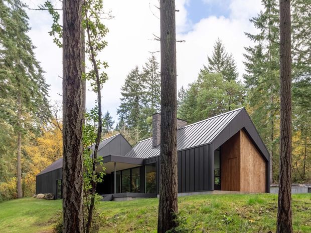 A contemporary dark-clad cabin-like house set among tall forest trees. The low, angular building has standing-seam metal pitched roofs, black vertical cladding, large glazed openings, and a prominent warm timber-lined gabled entrance. A stone chimney rises near the centre, with grassy landscaping surrounding the home.