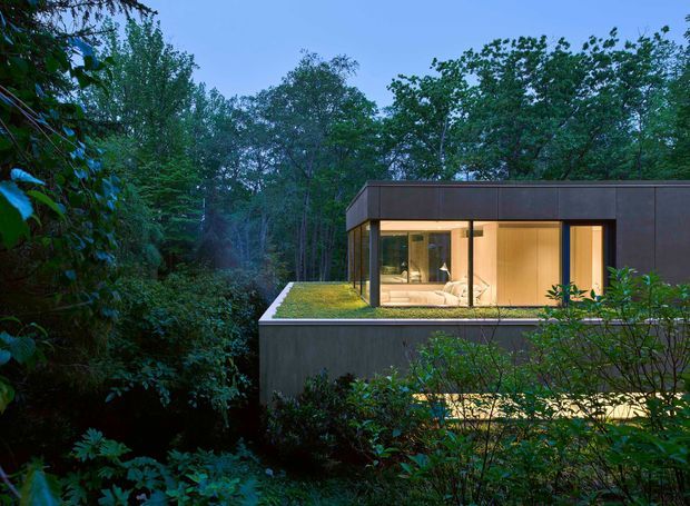 A modern, low-profile flat-roof house nestled in dense woodland, photographed at dusk. The dark, minimalist exterior has extensive floor-to-ceiling glazing, warm interior lighting, and a planted green roof or terrace blending into the surrounding vegetation. A partially visible lower-level glazed space appears beneath the main volume.
