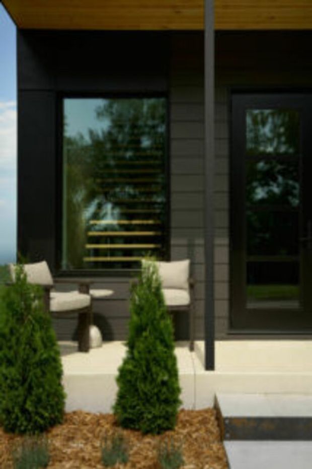 Modern residential facade viewed from a landscaped front entry. Dark cladding and large dark-framed glazing sit beneath a warm timber soffit, with concrete steps, a slender black post, two outdoor chairs, and neatly clipped evergreen shrubs in a mulched garden bed.