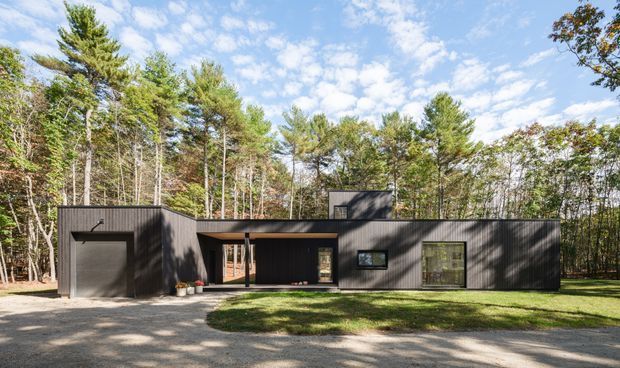 A low, single-storey contemporary home set within a wooded landscape. The dark charcoal exterior has a long horizontal form, flat rooflines, recessed entry, large glazed openings, and an integrated garage. Gravel driveway and lawn occupy the foreground, with mature pine and deciduous trees surrounding the house.