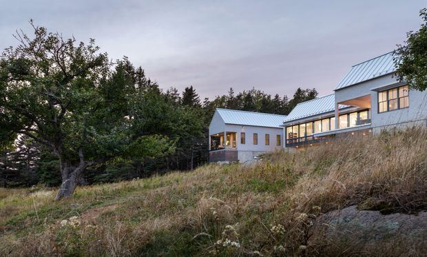 Exterior view of a contemporary multi-wing house set on a sloping, natural rural or bush site. The building has pale metal cladding, standing-seam pitched roofs, extensive dark-framed glazing, and warm interior lighting visible through the windows. Dry grasses, mature trees, and exposed rocks surround the residence.