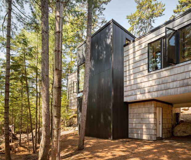 Exterior view of a contemporary multi-level house set among tall trees on a wooded site. The building combines pale horizontal shingle-like cladding with a prominent dark vertically ribbed gabled volume, large glazed openings, and a partially recessed garage or storage area beneath the upper floor.