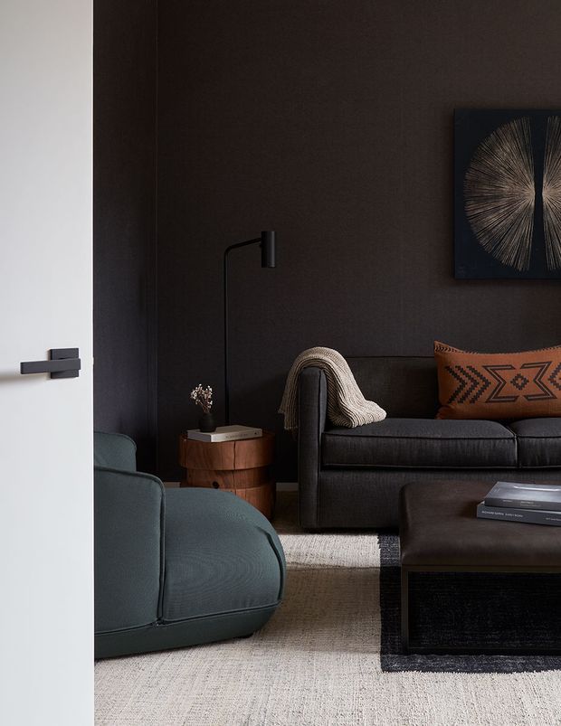 A moody, refined living room viewed through an open white door. The room features dark charcoal walls, a deep charcoal sofa with a warm patterned cushion and draped throw, a rounded dark teal armchair, a small timber side table, a slim black floor lamp, framed abstract wall art, a dark coffee table, and layered neutral rugs.