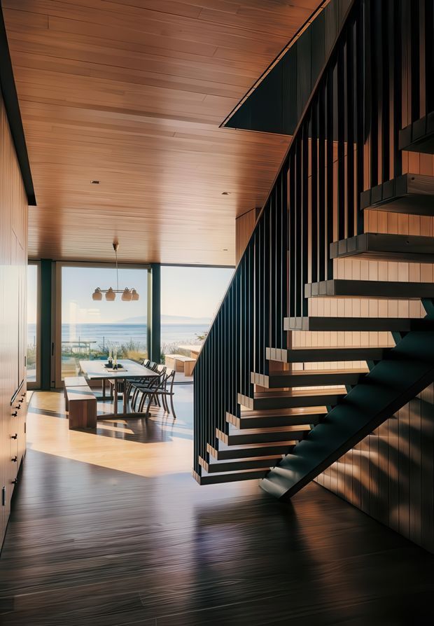 A dramatic contemporary interior featuring a floating open-riser staircase with black metal stringers and vertical balustrade, set against warm timber wall panelling. The staircase overlooks a dining area with a timber table and chairs, while expansive glazing opens to a bright coastal view beyond. Dark timber flooring contrasts with the warm wood ceiling and abundant natural light.