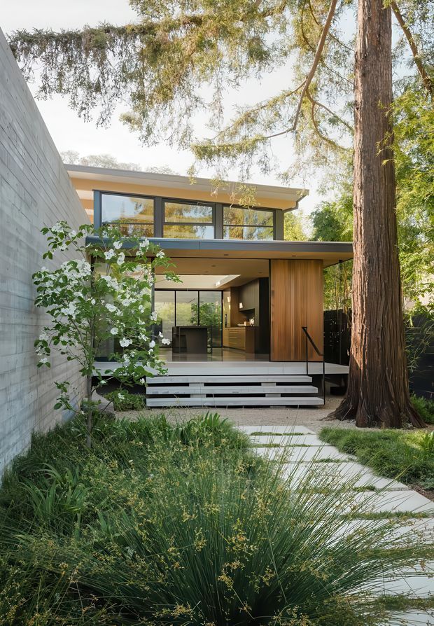 Exterior view of a modern, low-rise residence set within a mature landscaped garden. The home features a flat roof, broad black-framed glazing, warm timber wall cladding, a projecting covered entry, and broad steps leading from a pale paved walkway. A tall established tree and dense ornamental planting frame the facade, while a concrete block boundary wall runs along the left side.