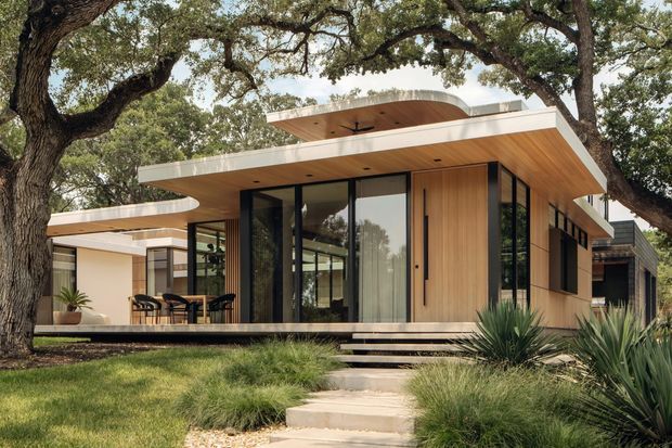 A contemporary single-storey residence set beneath mature spreading trees, featuring a low, broad flat roof with layered cantilevered overhangs, extensive floor-to-ceiling glazing, warm vertical timber wall cladding, and dark window frames. A stepped concrete path leads through landscaped grasses and spiky planting to a raised entry terrace. An outdoor dining area is visible beneath the left roof projection.