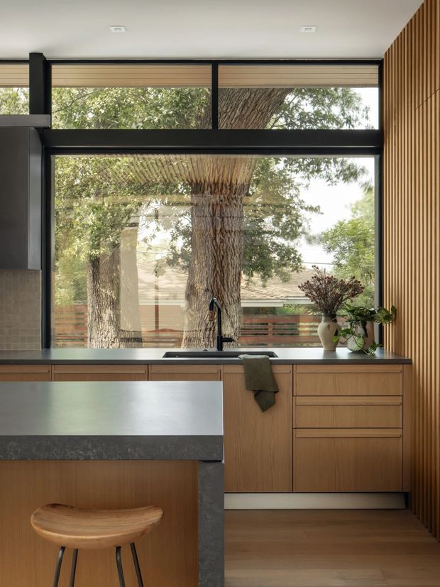 A warm, contemporary kitchen viewed toward a large black-framed window. The room features a timber kitchen island with a dark stone benchtop, integrated timber cabinetry, a deep stainless-steel sink and black tapware. Vertical timber battens line the right wall, while mature trees are visible outside through the glazing. A timber stool and potted plants add natural detail.
