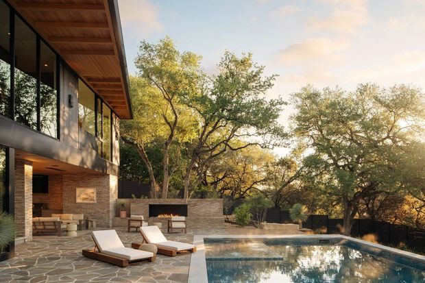 A contemporary two-storey residence viewed from an outdoor pool terrace. The house features extensive dark-framed glazing, warm timber soffits, brick and stone exterior walls, and a covered outdoor living area with a built-in fireplace. A large rectangular swimming pool, stone paving, loungers, and mature trees create a private landscaped setting.