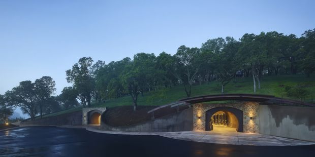 A dusk exterior view of a low, partially earth-sheltered structure integrated into a tree-covered hillside. The dark curved roofline and retaining walls contain two illuminated arched openings with textured stone surrounds, while a wet paved drive reflects the warm interior lighting.