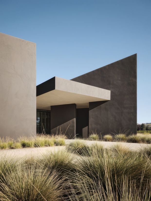 Exterior view of a stark, sculptural modern building composed of tall rendered walls, dark concrete-like planes, and a projecting flat-roofed entrance canopy. Ornamental grasses and a pale paved path form the foreground landscape under a clear blue sky.