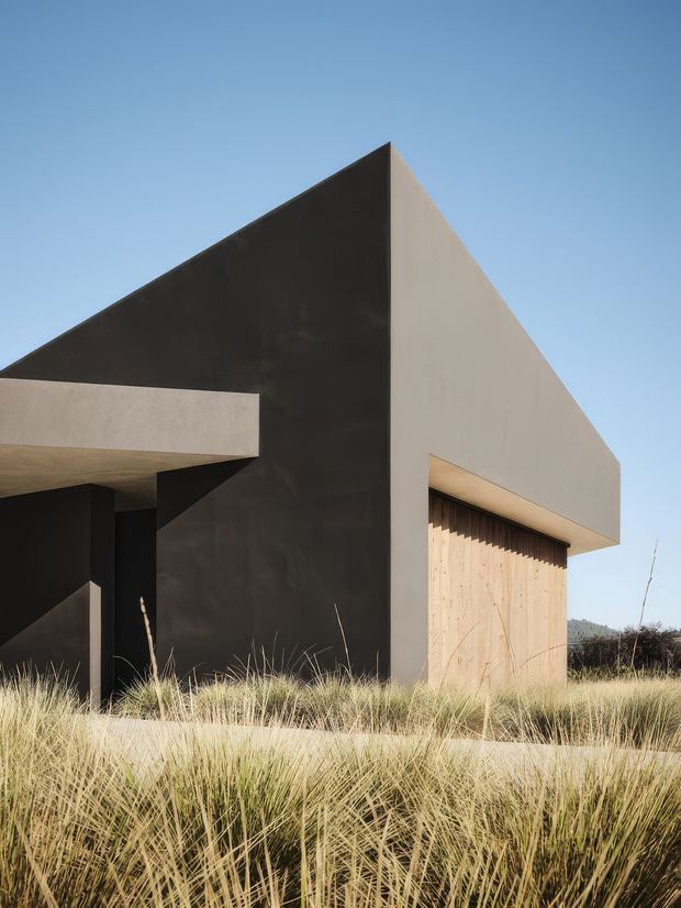 A striking modern building exterior with sharply intersecting geometric volumes, a tall matte-black triangular wall, pale rendered walls, and a large timber-clad garage or entry door beneath a projecting canopy. Native ornamental grasses surround the structure, with a clear blue sky and low vegetation in the background.