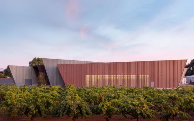 A low, contemporary building viewed from outside at dusk, largely screened by dense greenery. The facade uses vertically ribbed metal or composite cladding in muted grey and reddish-brown tones, with a dramatic angular, folded roofline and a long band of warm illuminated glazing. Suburban rooftops and trees are visible around the building beneath a pastel evening sky.