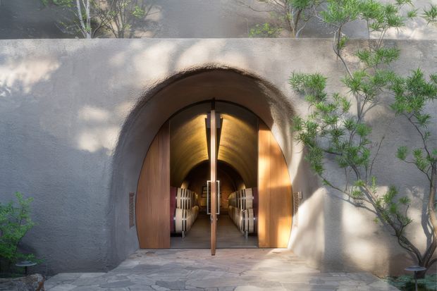 Exterior view of a sculptural arched entrance set into a smooth pale stucco wall. Tall timber doors open into a dim barrel-vaulted passage or cellar lined with bottle storage, while a narrow central pendant light emphasizes the tunnel-like interior. Stone paving and carefully pruned planting frame the entry.
