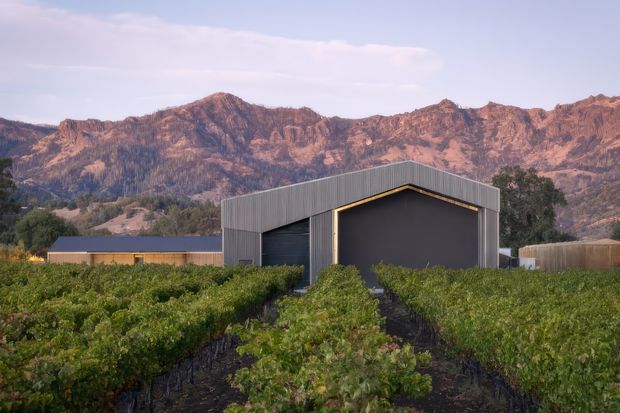 Exterior view of a contemporary agricultural or vineyard structure set among cultivated rows, with a dark corrugated-metal gabled building and large garage-like opening. Rugged reddish mountain ranges form the background, while dense planted rows occupy the foreground. The building has a simple angular form, vertical metal cladding, and a contrasting dark facade with a warm-toned trim detail.