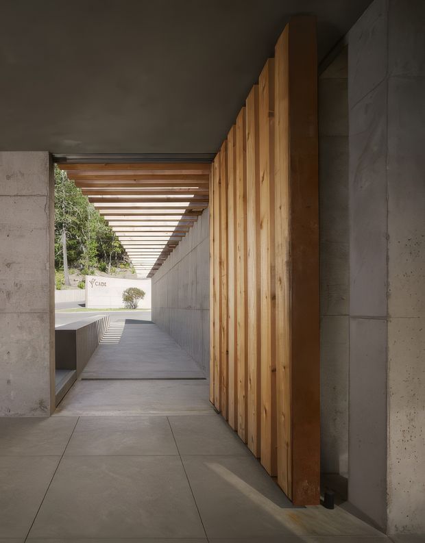 A minimalist architectural passageway with a concrete floor, walls, and ceiling, contrasted by a tall vertical timber-clad wall and large timber pivot door. Exposed timber pergola-like rafters extend overhead toward an open landscaped entrance, creating strong linear perspective and patterned sunlight. The space feels refined, quiet, and transitional between interior and exterior.