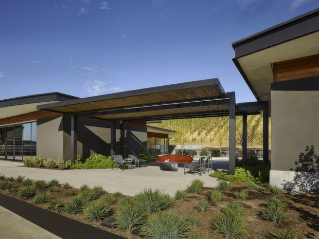 Exterior view of a contemporary single-storey building arranged around a landscaped outdoor entertaining area. The composition features broad flat rooflines, dark structural frames, rendered walls, timber soffit detailing, a pergola with slatted screening, outdoor seating, paved terraces, and drought-tolerant planting.