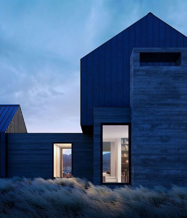 Dusk exterior view of a contemporary dark-clad house composed of intersecting gabled volumes. The facade features deep blue-black vertical cladding, a projecting timber-clad box with a narrow horizontal opening, and tall illuminated windows revealing a refined interior. Long grasses surround the building, creating a moody, windswept setting.
