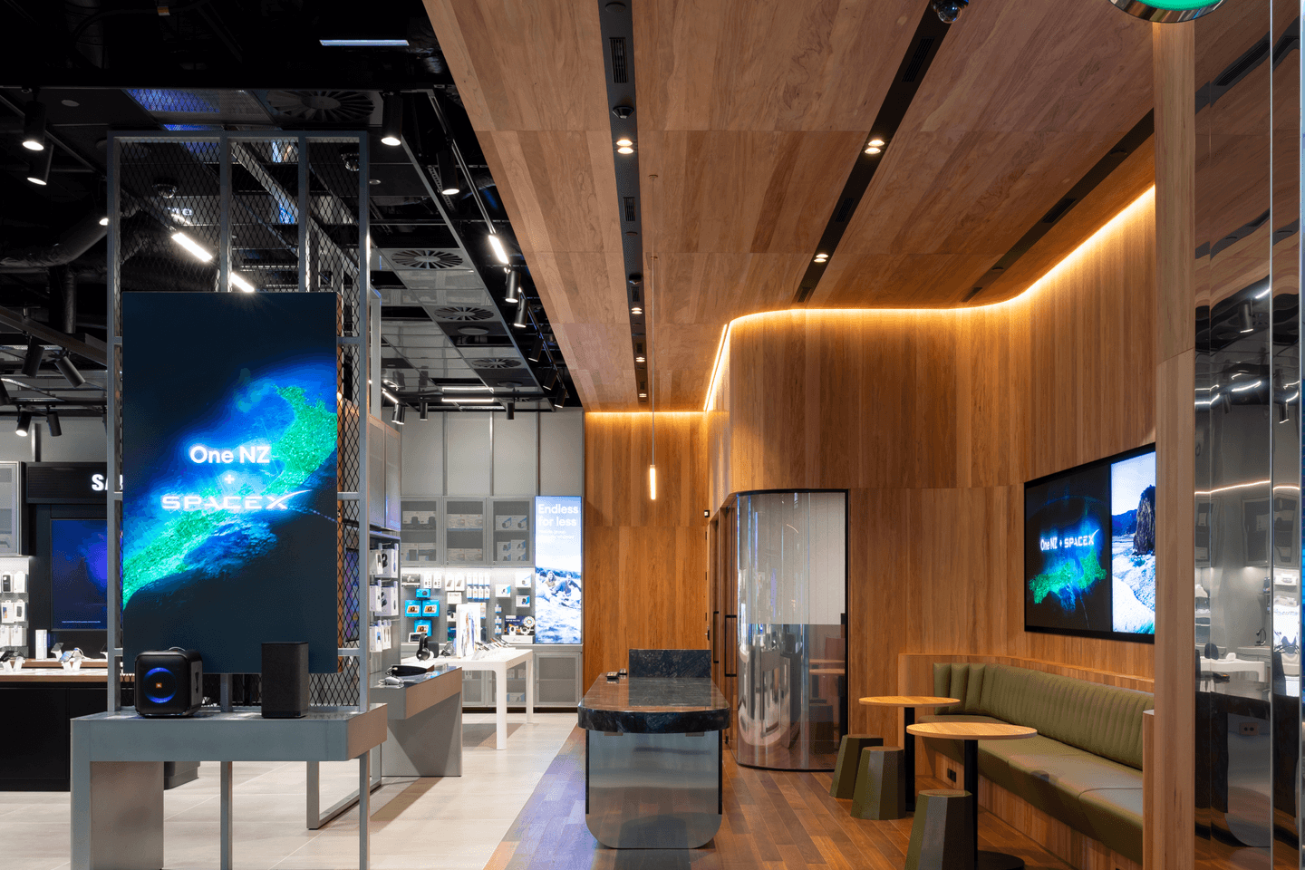 Dimension Shopfitters is set to roll out the conversion of Vodafone stores into One NZ stores. This One NZ store at Sylvia Park was one of the first stores to be transformed.
