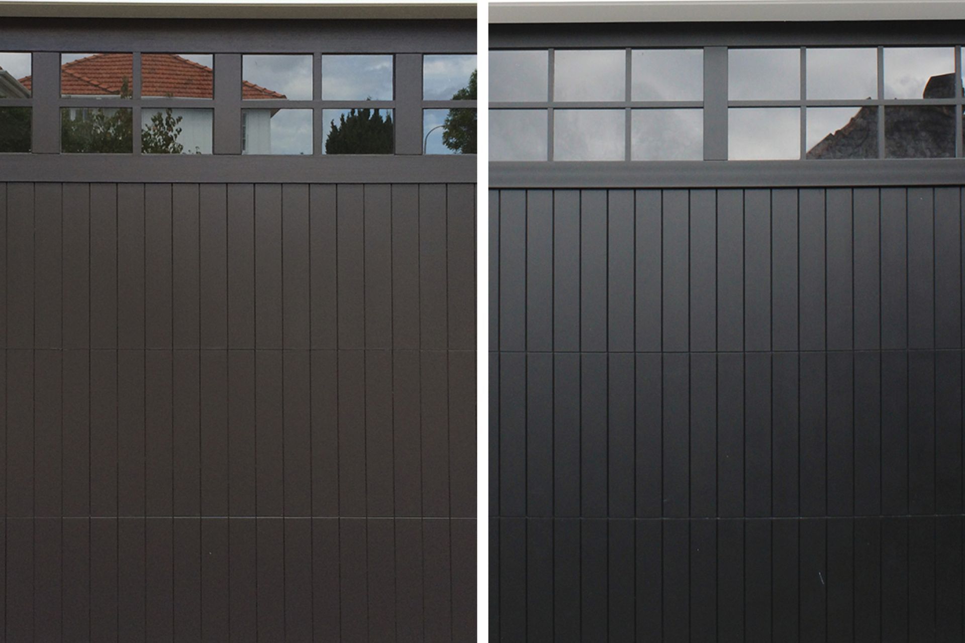 Before and after: on the left is the original natural cedar TGV garage door, on the right is the low-maintenance aluminium TGV garage door from Prestige Doors &amp; Gates.