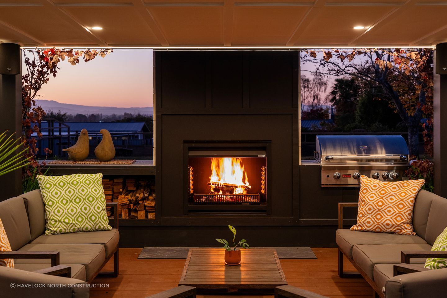 The roaring flame of the open fireplace is the perfect place to host family and friends, taking in the surrounding terrain of Havelock North.