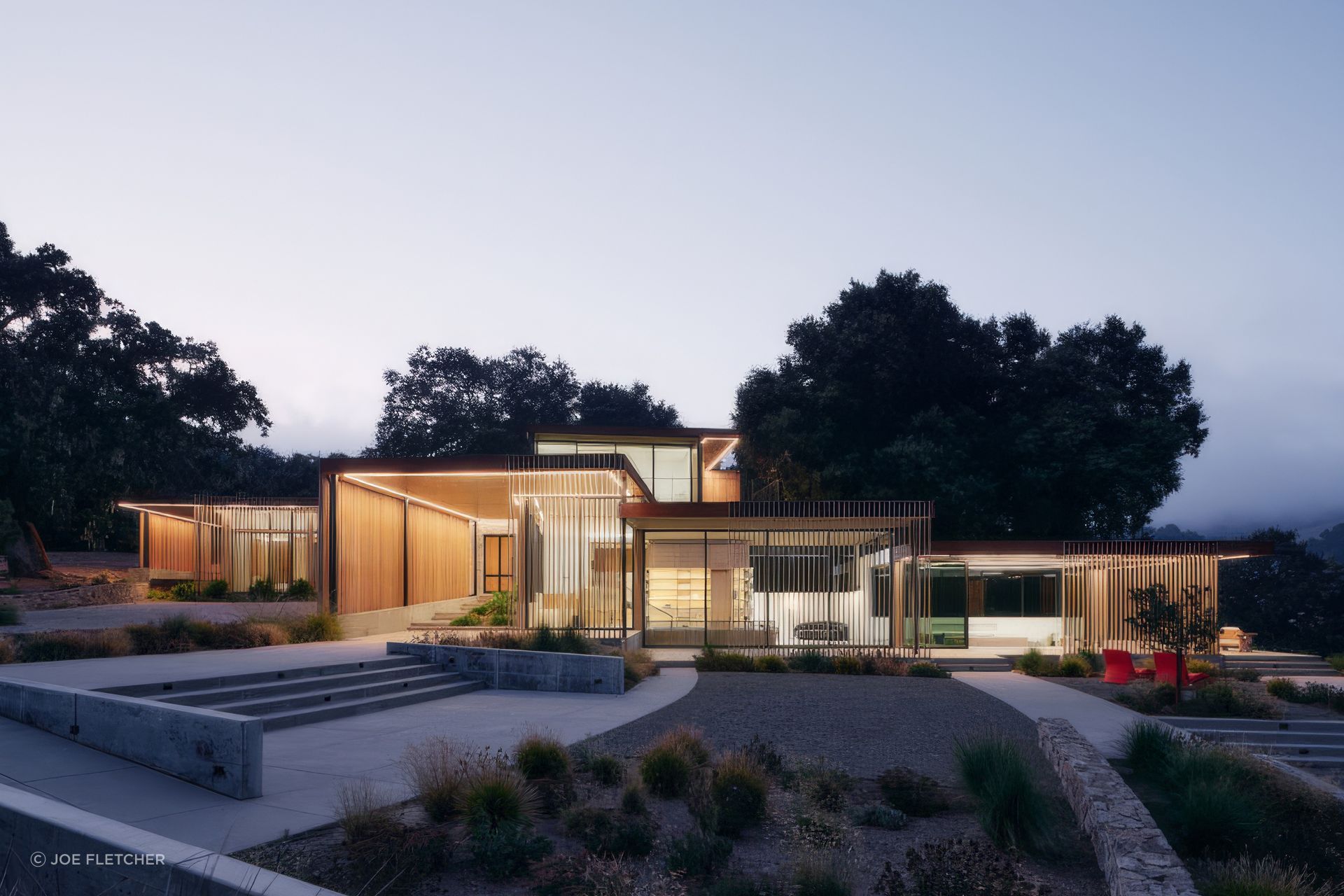 Meadow House presented Mark English Architects with an opportunity to work within the exceptional Santa Lucia Preserve in the Carmel Valley. The brief from the client - a multigenerational family with business ties to their native Korea - outlined a Californian home with a Korean heart. Exploring these singular influences revealed many similarities, all of which can be seen throughout Meadow House, from the fluidity of indoor-outdoor spaces and deep terraces surrounding parts of the home.