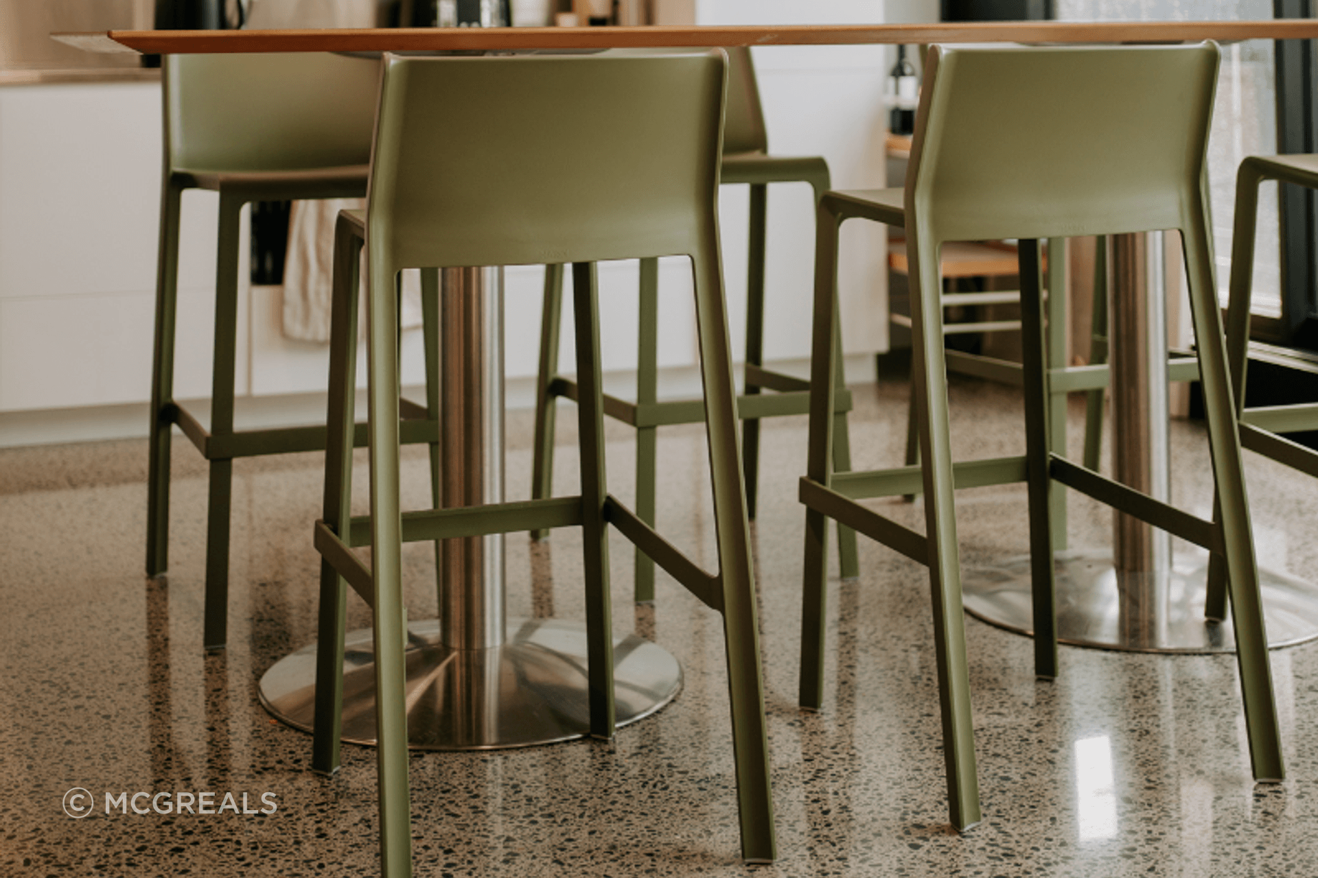 Trill barstools in a captivating olive hue.