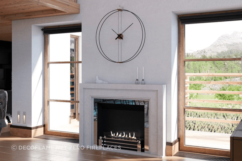 A classic fireplace by Decoflame Net Zero Fireplaces realistically imitates a traditional design.