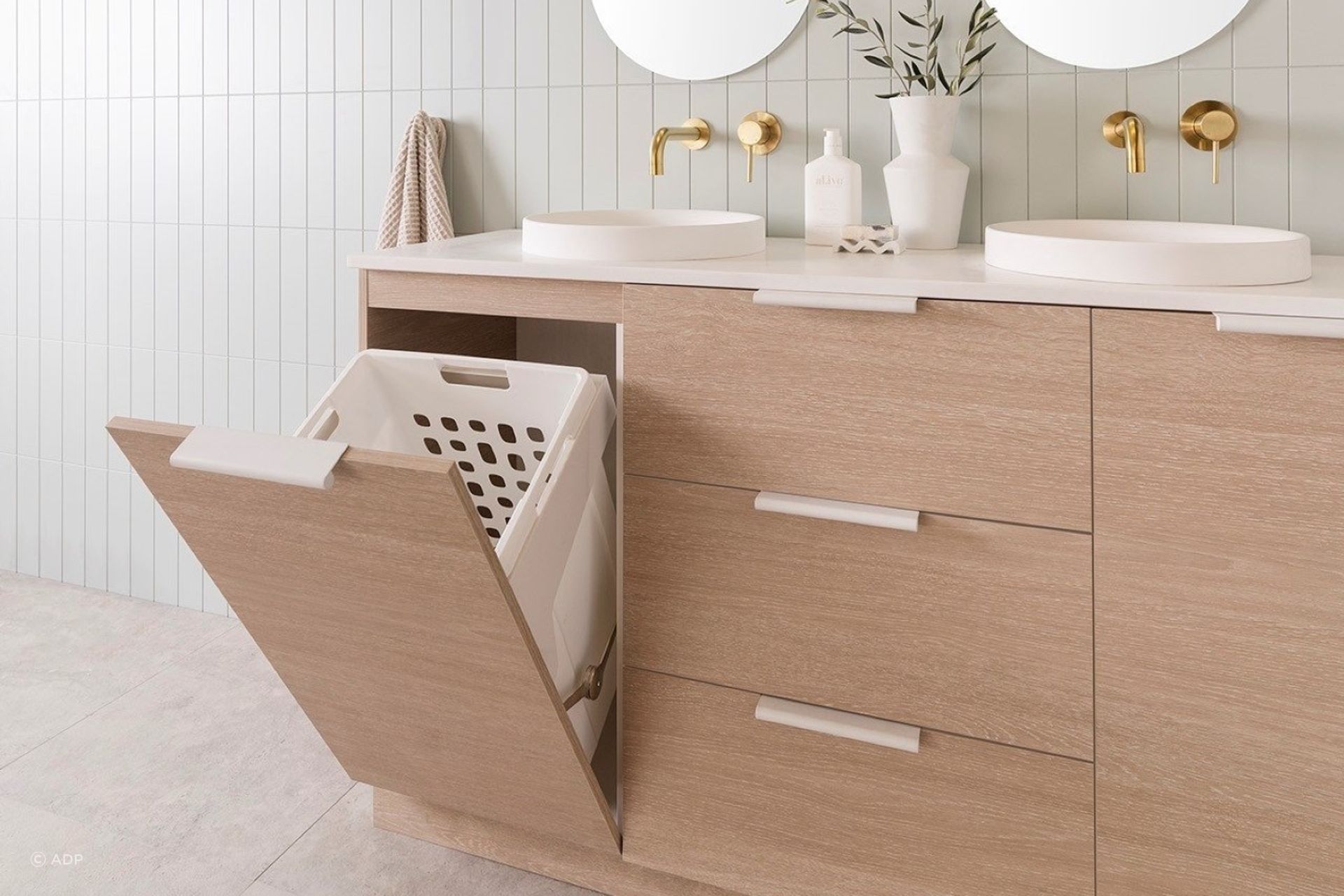 Ingenuity in design with the stylish Glacier Hamper Vanity.
