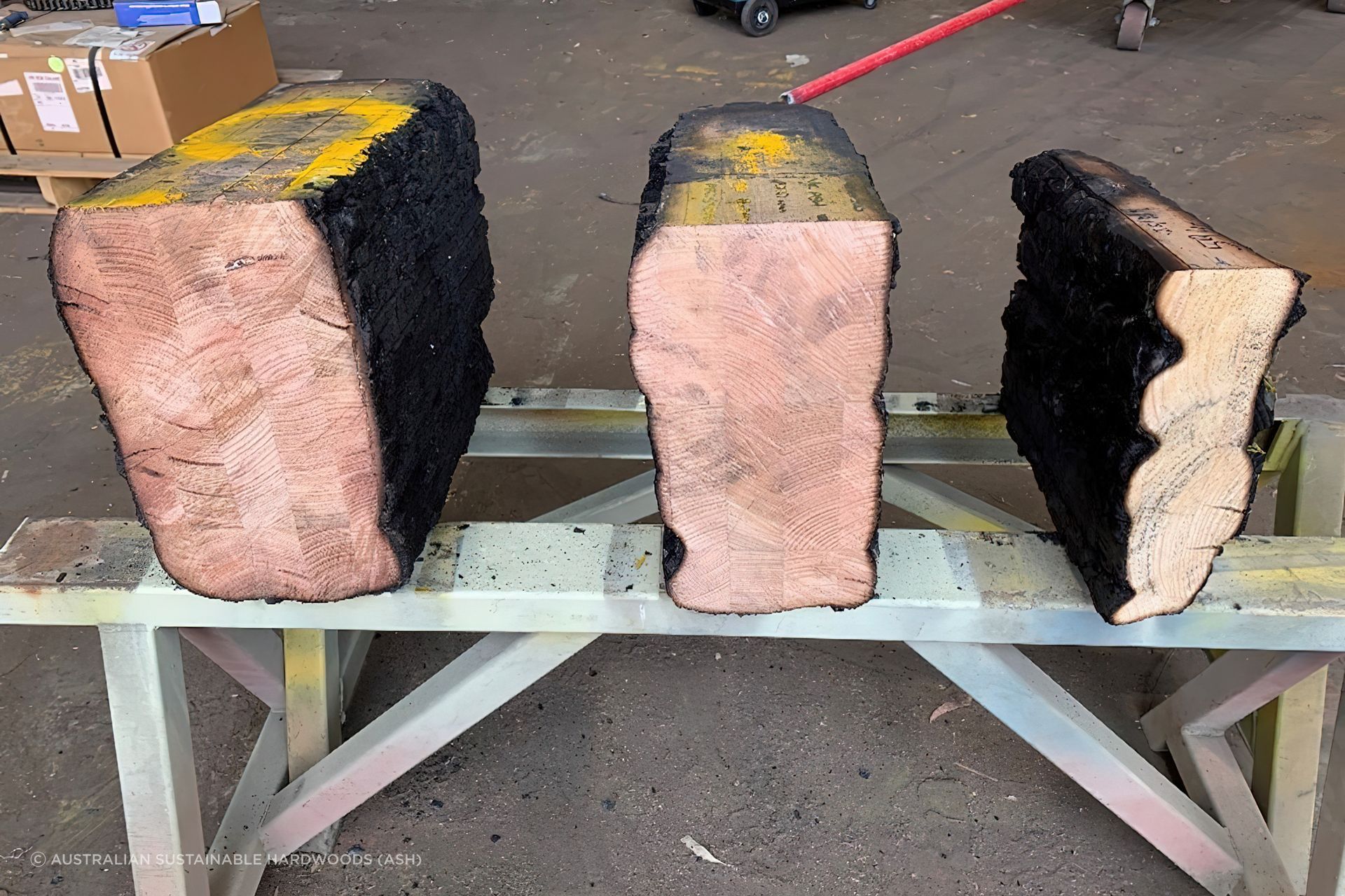 Figure 1: Grey Gum (Left), Tasmanian Oak/Victorian Ash (Middle) & Radiata Pine (Right) MASSLAM components after undergoing a 120-minute ‘loaded’ beam fire test.