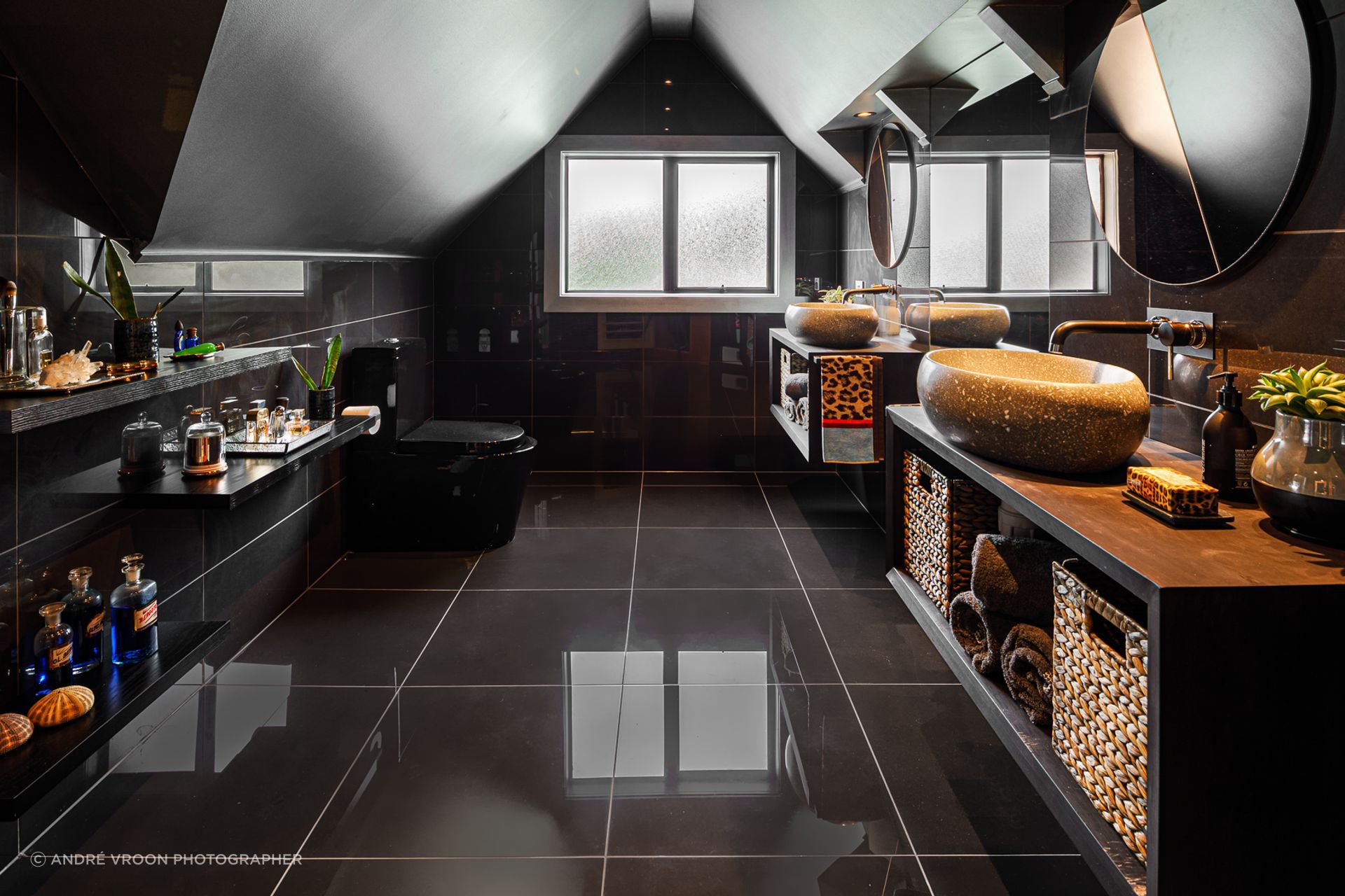 Plenty of playful patterns and textures to enjoy in this bathroom in Miramar, Wellington.