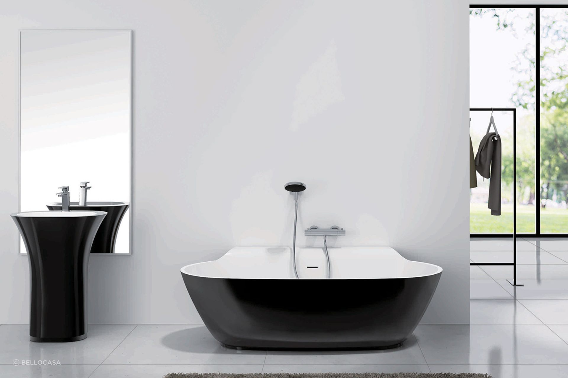 The back to wall shelf design of the Alice Back to Wall Bath by BelloCasa provides a handy place to rest arms or glasses.