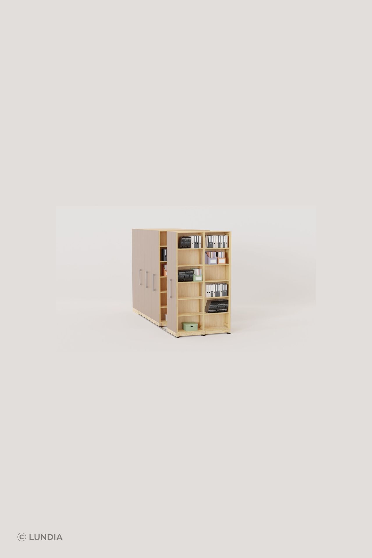Lundia's  bespoke Mobile Shelving Systems are made from FSC-certified pine, tailored to meet your specific needs.