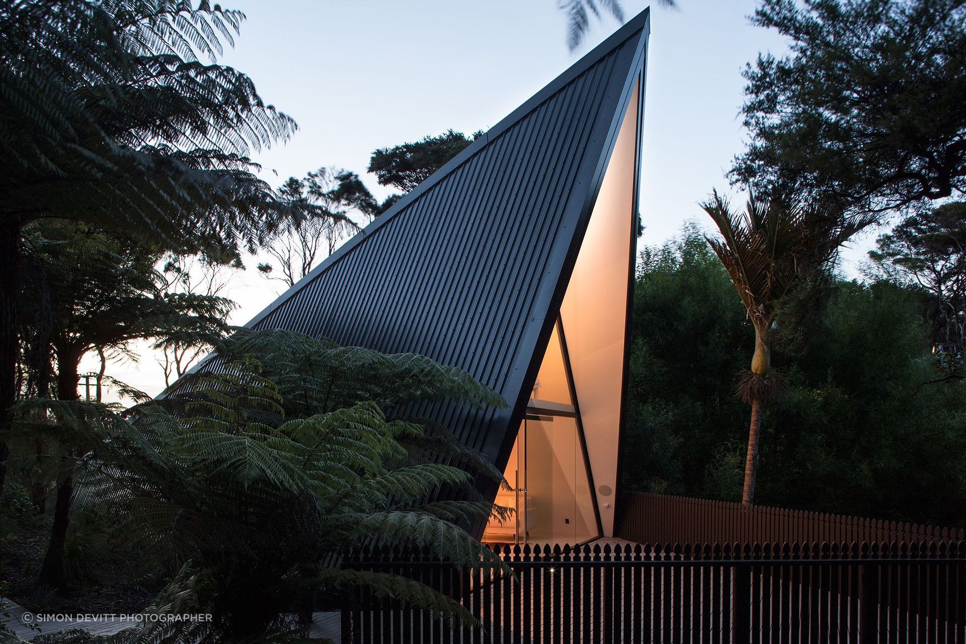 Chris Tate's Tent House on Waiheke Island utilises Colorsteel to clad both the roof and walls of this unusual A-frame structure.
