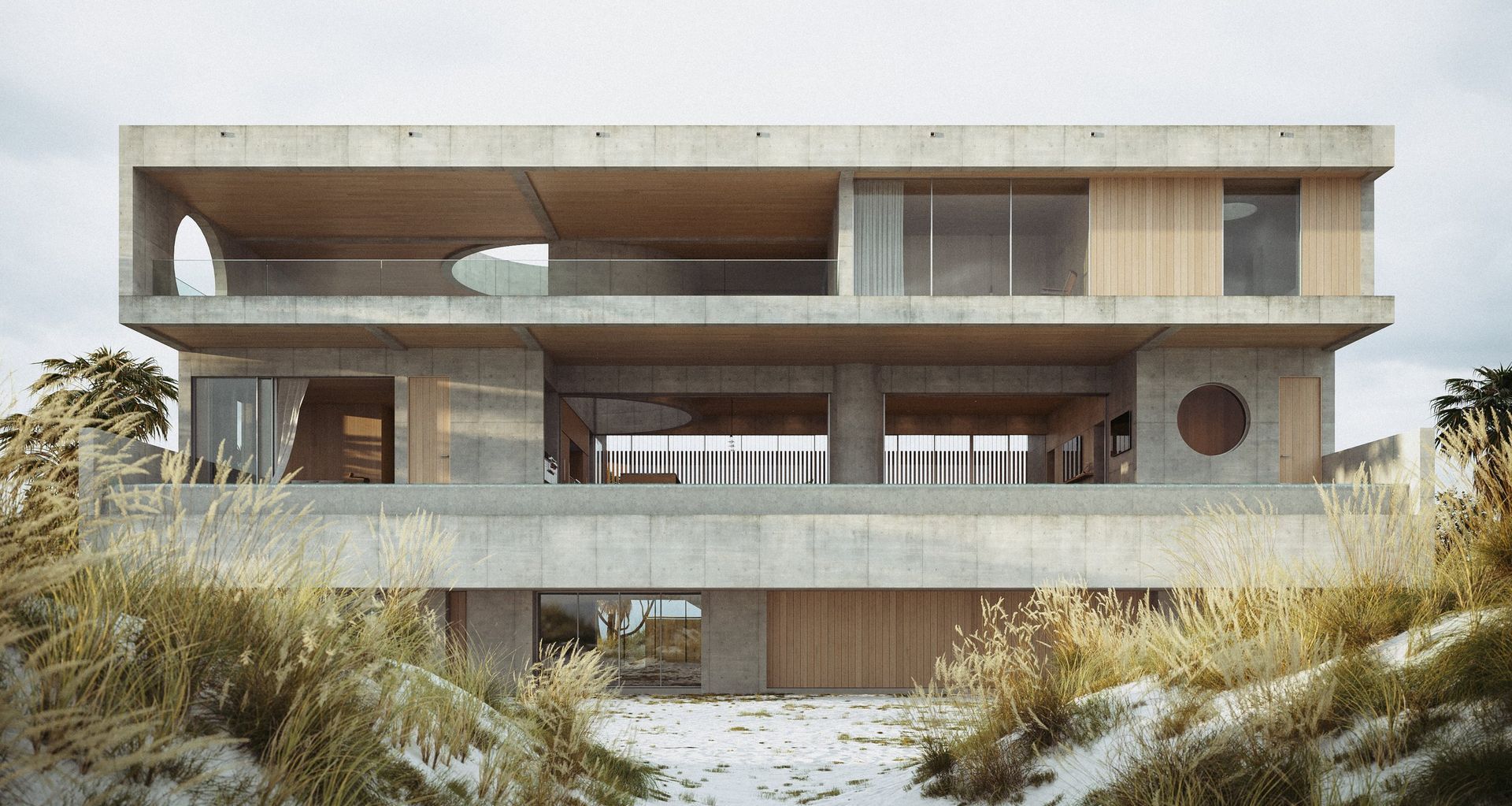 Studio Collin Cobia's Dune house is a monolith positioned in the shifting landscape of soft white sand on Florida’s Emerald Coast. In contrast to the ephemeral nature of the dunes in which it sits, the house is designed to withstand change. Photograph by Studio Collin Cobia.