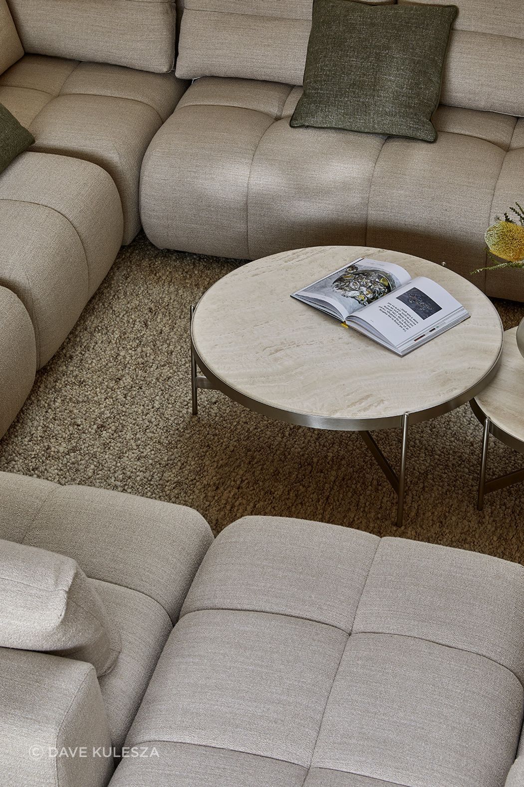 Pictured: Sidney Tullio Modular Sofa, Venus Coffee Tables, Boden Ridge Vase, Hugo Square & Rectangle Cushions, Tepih Boucle Rug (Chai)