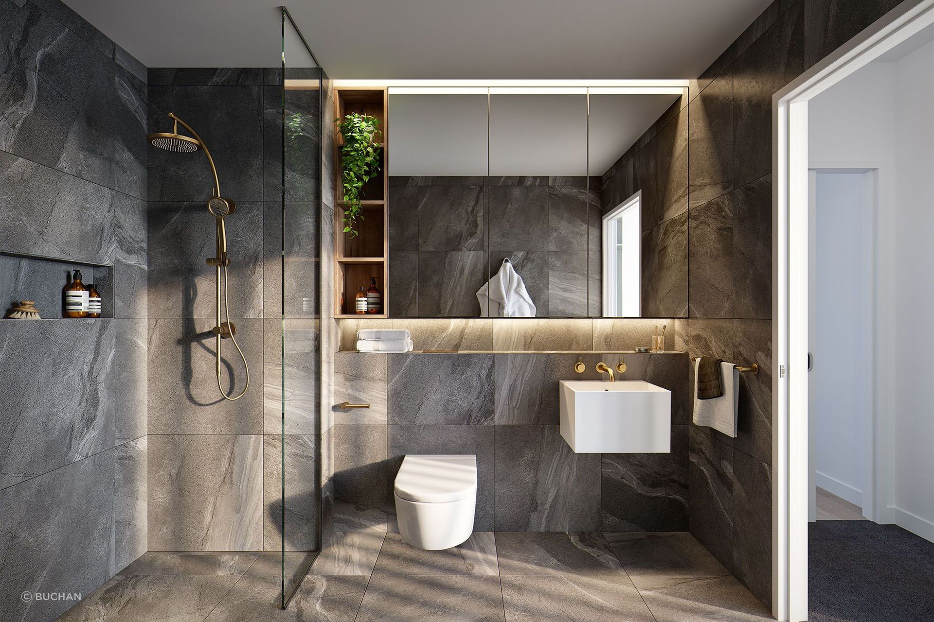 Niche storage in the shower and above the basin provide plenty of room for soaps, shampoos, hand towels, toothbrushes and more.