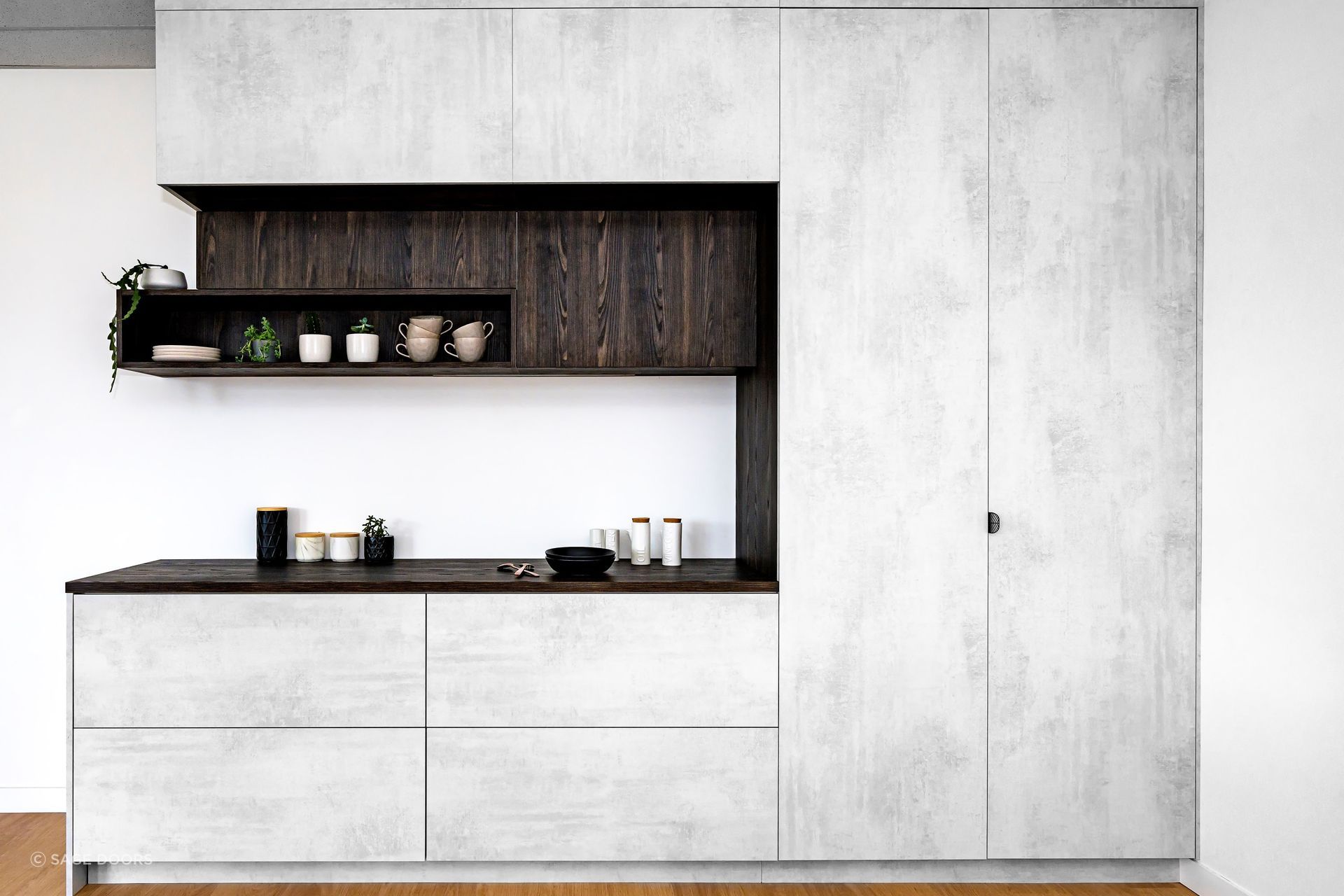 Melamine panels are available in a range of styles and finishes, as seen with these exquisite LOOKCRETE® Melamine Panels by Sage Doors.